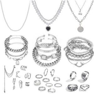 36 PC Silver Plated Jewelry Set With 3 Necklace, 12 Bracelet, 7 Ear Cuffs